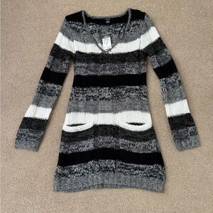 Striped Black, White and Gray Knit Sweater Dress